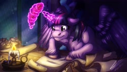 Size: 3840x2160 | Tagged: safe, artist:lupiarts, twilight sparkle, alicorn, pony, fanfic:another apple sleep experiment, g4, candle, chest fluff, commission, female, high res, inkwell, magic, mare, quill, scroll, solo, stressed, sweat, telekinesis, twilight sparkle (alicorn), unshorn fetlocks