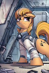 Size: 512x768 | Tagged: safe, ai assisted, ai content, editor:primortal, generator:novelai, generator:stable diffusion, oc, oc only, oc:clockwork queen, oc:stella highstep, earth pony, pony, fallout equestria, boss lady, clothes, elitist, fallout, flashback, jumpsuit, overmare, overseer, past, pre-roboticization, smug, snooty, stable (vault), stable-tec, war never changes