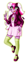 Size: 1269x2829 | Tagged: safe, artist:dazzlingmimi, cherry blossom (g3), human, equestria girls, g3, g4, clothes, cutie mark on clothes, dress, equestria girls-ified, g3 to equestria girls, generation leap, not cheerilee, open mouth, peace sign, simple background, socks, solo, thigh highs, thigh socks, transparent background