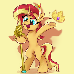 Size: 3000x3000 | Tagged: safe, artist:brella, sunset shimmer, pony, unicorn, g4, bipedal, crown, cute, februpony, female, high res, horn, jewelry, mare, open mouth, open smile, regalia, scepter, shimmerbetes, signature, simple background, smiling, solo, underhoof, yellow background