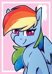 Size: 2039x2894 | Tagged: safe, artist:jellysketch, part of a set, rainbow dash, pegasus, pony, g4, cutie mark background, eye clipping through hair, female, high res, lidded eyes, looking at you, mare, partially open wings, smiling, smiling at you, smirk, solo, wings