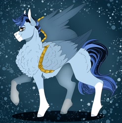 Size: 3168x3208 | Tagged: safe, artist:inisealga, oc, oc only, oc:soaring spirit, pegasus, pony, abstract background, accessory, armor, butt fluff, chest fluff, coat markings, colored wings, facial markings, fluffy, folded wings, glasses, high res, male, multicolored hair, multicolored mane, multicolored wings, neck fluff, pegasus oc, socks (coat markings), solo, spread wings, stallion, three toned wings, wing armor, wing brace, wing fluff, wings