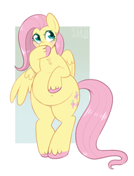 Size: 794x1038 | Tagged: safe, artist:lulubell, fluttershy, pegasus, pony, g4, adorafatty, belly, belly button, big belly, bipedal, blushing, chubby, cute, fat, fattershy, female, freckles, mare, passepartout, shy, shyabetes, solo, unshorn fetlocks
