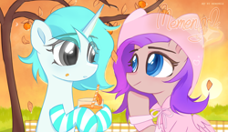 Size: 2560x1480 | Tagged: safe, artist:memengla, pegasus, pony, unicorn, clothes, commission, drink, drinking straw, leaves, socks, striped socks, tree