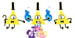 Size: 1909x988 | Tagged: safe, applejack, fluttershy, pinkie pie, rainbow dash, rarity, twilight sparkle, alicorn, earth pony, pegasus, pony, unicorn, fanfic:full friendship's magic, g4, bill cipher, crossover, fire, fire magic, gravity falls, mane six, simple background, transparent background, twilight sparkle (alicorn)