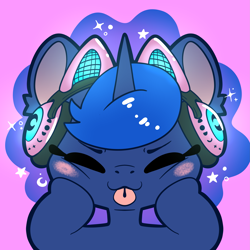 Size: 3319x3319 | Tagged: safe, artist:cutepencilcase, princess luna, alicorn, pony, gamer luna, g4, :3, :p, cat ears, chibi, eyes closed, headphones, high res, pink background, simple background, solo, tongue out