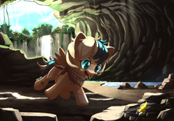 Size: 3600x2500 | Tagged: safe, artist:nihithebrony, oc, oc:sun light, pegasus, pony, badge, brooch, cave, clothes, commission, cute, day, daylight, detailed background, female, filly, flying, foal, green eyes, high res, jewelry, lens flare, moss, open mouth, open smile, pegasus oc, river, rock, scarf, searching, smiling, solo, spread wings, stream, tree, vine, water, waterfall, wings