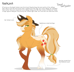 Size: 10192x9952 | Tagged: safe, artist:parrpitched, applejack, earth pony, pony, comic:the special talent initiative, g4, appaloosa, apple, applejack's hat, blaze (coat marking), coat markings, colored hooves, concave belly, cowboy hat, facial markings, female, food, freckles, gradient legs, hat, headcanon, implied bright mac, lidded eyes, mare, raised hoof, redesign, simple background, solo, standing, text, unshorn fetlocks, white background