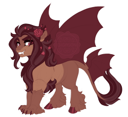 Size: 3600x3300 | Tagged: safe, artist:gigason, oc, oc only, oc:deep red, hybrid, bat wings, colored claws, colored hooves, colored wings, fangs, female, flower, flower in hair, grin, high res, hoof polish, hybrid oc, interspecies offspring, leg fluff, leonine tail, multiple wings, obtrusive watermark, offspring, parent:fluttershy, parent:scorpan, paws, red eyes, simple background, smiling, solo, spread wings, standing, tail, transparent background, unshorn fetlocks, watermark, wings
