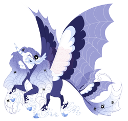 Size: 3600x3400 | Tagged: safe, artist:gigason, oc, oc only, oc:purpurea, alicorn, pony, spider, alicorn oc, bald face, big eyelashes, blaze (coat marking), blue eyes, cloven hooves, coat markings, colored eyelashes, colored hooves, colored wings, curved horn, ear fluff, ear tufts, ears back, facial markings, fangs, female, gradient hooves, gradient mane, gradient tail, high res, horn, hybrid wings, leonine tail, long fetlocks, looking back, magical lesbian spawn, mare, multicolored wings, multiple wings, obtrusive watermark, offspring, pale belly, parent:oc:misumena, parent:princess luna, parents:canon x oc, simple background, solo, spread wings, striped horn, tail, transparent background, transparent wings, unshorn fetlocks, watermark, wings