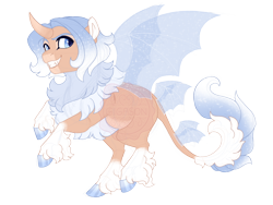 Size: 3600x2700 | Tagged: safe, artist:gigason, oc, oc only, oc:ice dance, hybrid, pony, bat wings, blue eyes, coat markings, colored hooves, curved horn, fangs, female, gradient hooves, gradient horn, gradient mane, gradient tail, grin, high res, hoof polish, horn, hybrid oc, interspecies offspring, leonine tail, looking back, magic, magic wings, mare, multiple wings, obtrusive watermark, offspring, parent:oc:misumena, parent:scorpan, parents:canon x oc, rearing, simple background, smiling, socks (coat markings), solo, sparkly mane, sparkly tail, sparkly wings, tail, tail wings, transparent background, transparent wings, unshorn fetlocks, watermark, wings