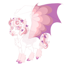 Size: 3600x3300 | Tagged: safe, artist:gigason, oc, oc only, oc:lavandula, bat pony, pony, bat pony oc, bat wings, chest fluff, closed mouth, cloven hooves, coat markings, colored eyelashes, colored hooves, colored pupils, colored wings, ear fluff, ear tufts, fangs, female, flower, flower in hair, gradient hooves, high res, hoof polish, looking at you, mare, multicolored wings, obtrusive watermark, pink eyes, raised hoof, simple background, smiling, socks (coat markings), solo, spread wings, standing, transparent background, unshorn fetlocks, watermark, wings