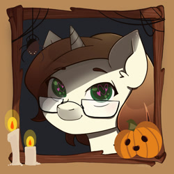 Size: 2000x2000 | Tagged: safe, alternate character, alternate version, artist:erein, oc, oc:shinary, crystal pony, pony, spider, unicorn, bust, candle, chibi, commission, crystal pony oc, ears up, frame, glasses, halloween, heart, heart eyes, high res, holiday, horn, icon, jack-o-lantern, male, nightmare night, portrait, pumpkin, solo, unicorn oc, wingding eyes, ych result