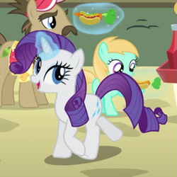 Size: 515x515 | Tagged: safe, edit, edited screencap, screencap, globe trotter, rarity, rosy gold, earth pony, pony, unicorn, g4, rarity takes manehattan, season 4, carrot, carrot dog, cropped, fast food, female, filly, foal, food, food stand, generosity, generosity song, glowing, glowing horn, happy, horn, ketchup, male, manehattan, sauce, street food