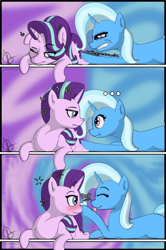 Size: 1276x1920 | Tagged: safe, artist:mranthony2, starlight glimmer, trixie, pony, unicorn, g4, :p, :t, blushing, boop, caught, comic, crawling, cute, duo, eye clipping through hair, eyebrows, eyebrows visible through hair, eyes closed, female, lesbian, lying down, noseboop, onomatopoeia, ship:startrix, shipping, simple background, smiling, tongue out