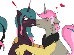 Size: 1280x960 | Tagged: safe, artist:katpocketmonster, oc, oc only, oc:jam drop, oc:molasses, changepony, hybrid, pony, unicorn, blushing, duo, gay, heart, interspecies offspring, kissing, magical lesbian spawn, male, offspring, parent:princess cadance, parent:queen chrysalis, parents:cadalis, simple background, white background