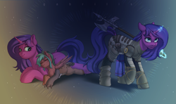 Size: 2775x1638 | Tagged: safe, artist:gabrilis, oc, original species, pegasus, pony, unicorn, armor, axe, fantasy class, female, gradient background, magic, mother and child, warrior, weapon