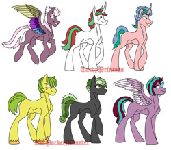 Size: 1024x898 | Tagged: safe, artist:katpocketmonster, artist:tardyprincess, oc, oc only, unnamed oc, pegasus, pony, unicorn, balls, closed mouth, colored hooves, colored wings, colored wingtips, eyeshadow, female, flying, freckles, frown, group, implied balls, lidded eyes, makeup, male, mare, multicolored wings, nudity, raised hoof, sextet, sheath, simple background, smiling, spread wings, stallion, unamused, unshorn fetlocks, watermark, white background, wings