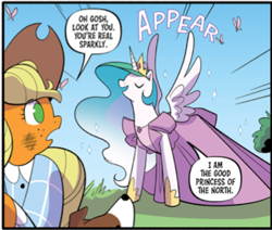 Size: 366x310 | Tagged: safe, artist:jenna ayoub, idw, official comic, applejack, princess celestia, winona, butterfly, pony, g4, my little pony classics reimagined: the unicorn of odd, spoiler:comic, appear, applejack's hat, clothes, comic, cowboy hat, dorothy gale, dress, female, good witch of the north, hat, hoof shoes, mare, speech bubble, the unicorn of odd, the wizard of oz, unsound effect