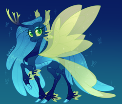 Size: 2465x2098 | Tagged: safe, artist:bishopony, queen chrysalis, changedling, changeling, g4, a better ending for chrysalis, changedling queen, cloven hooves, concave belly, female, gradient background, high res, looking at you, purified chrysalis, smiling, smiling at you, solo, thin