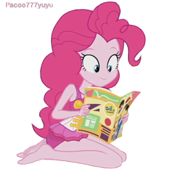 Size: 608x600 | Tagged: safe, artist:paco777yuyu, edit, edited screencap, screencap, pinkie pie, human, equestria girls, equestria girls specials, friendship math, g4, my little pony equestria girls: better together, my little pony equestria girls: forgotten friendship, background removed, barefoot, clothes, feet, female, magazine, one-piece swimsuit, pinkie pie swimsuit, reading, simple background, smiling, solo, swimsuit, transparent background