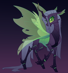 Size: 2300x2464 | Tagged: safe, artist:bishopony, queen chrysalis, changeling, changeling queen, g4, alternate design, concave belly, gradient background, high res, looking at you, raised hoof, side view, skinny, solo, thin, thin legs, wings