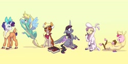 Size: 6000x3000 | Tagged: safe, artist:cocadoodles, applejack, arizona (tfh), fluttershy, oleander (tfh), paprika (tfh), pinkie pie, pom (tfh), rainbow dash, rarity, tianhuo (tfh), twilight sparkle, velvet (tfh), alicorn, cow, earth pony, insect, ladybug, pegasus, pony, unicorn, them's fightin' herds, g4, absurd resolution, bodypaint, bodysuit, book, chest fluff, clothes, cloven hooves, coccinellidaephobia, community related, costume, eye clipping through hair, eyebrows, eyebrows visible through hair, eyes closed, fake horns, female, fightin' six, gradient background, grin, laughing, lying down, mane six, mare, neckerchief, nightmare night costume, on back, one eye closed, scared, sitting, smiling, stepping on tail, twilight hates ladybugs, twilight sparkle (alicorn), unicornomicon, wig, wink, yellow background