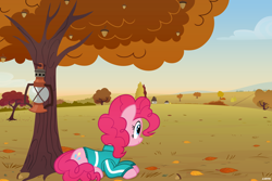 Size: 6000x4000 | Tagged: safe, artist:a4r91n, pinkie pie, earth pony, pony, g4, acorn, autumn, clothes, jacket, lamp, leaves, lying down, prone, tree