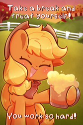 Size: 1200x1800 | Tagged: safe, artist:typhwosion, applejack, earth pony, pony, g4, apple, apple cider, apple tree, applejack's hat, bandana, cheers, cider, cowboy hat, cute, eyes closed, female, fence, handkerchief, hat, jackabetes, mare, mug, neckerchief, open mouth, open smile, positive ponies, smiling, solo, sweet apple acres, text, tree