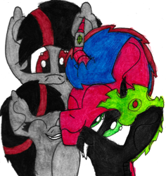 Size: 5612x5956 | Tagged: safe, artist:acid flask, oc, oc only, oc:acid flask, oc:blood moon, oc:changeling dox, oc:midnight flask, bat pony, changeling, zebra, zebracorn, 2d, bat pony oc, colt, curved horn, family, female, filly, foal, green changeling, grin, group hug, happy, horn, hug, male, mare, profile picture, simple background, smiling, stallion, traditional art, watercolor painting, white background