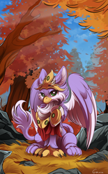 Size: 2433x3915 | Tagged: safe, artist:conrie, oc, oc only, griffon, armor, autumn, clothes, colored wings, commission, crown, eared griffon, forest, grass, griffon oc, high res, jewelry, looking at you, male, outdoors, paws, regalia, rock, scenery, sitting, solo, talons, tree, two toned wings, wings