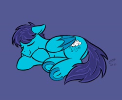 Size: 3448x2826 | Tagged: safe, artist:selenophile, oc, oc only, oc:open air, pegasus, pony, blue background, butt, colored sketch, commission, eyes closed, frog (hoof), high res, hoofbutt, lying down, pegasus oc, plot, simple background, sketch, sleeping, solo, underhoof