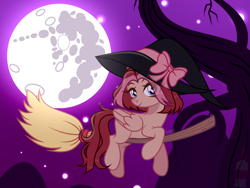 Size: 6000x4500 | Tagged: safe, artist:cursed soul, oc, oc only, pegasus, pony, blushing, broom, commission, cute, female, flying, flying broomstick, full moon, hat, mare, mare in the moon, moon, solo, tree, witch, witch hat, ych result