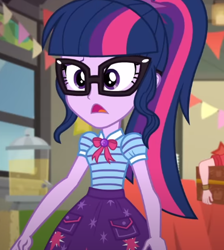 Size: 371x414 | Tagged: safe, screencap, sci-twi, twilight sparkle, equestria girls, equestria girls specials, g4, my little pony equestria girls: better together, my little pony equestria girls: holidays unwrapped, the cider louse fools, bowtie, clothes, cutie mark on clothes, geode of telekinesis, glasses, jewelry, magical geodes, pendant, polo shirt, ponytail, shocked, skirt, slackjawed, what the hay?