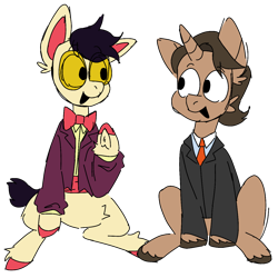 Size: 1280x1280 | Tagged: safe, artist:b1ng0, oc, oc only, oc:paper work, oc:soup enjoyer, earth pony, pony, unicorn, bowtie, clothes, glasses, necktie, simple background, suit, transparent background