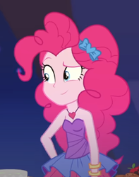 Size: 284x361 | Tagged: safe, screencap, pinkie pie, equestria girls, g4, my little pony equestria girls: better together, twilight under the stars, bare shoulders, bracelet, clothes, cute, dress, eyebrows, female, grin, hairband, hand on hip, heart necklace, jewelry, necklace, rah rah skirt, raised eyebrow, skirt, sleeveless, sleeveless dress, smiling, smirk, solo, strapless, strapless dress