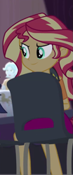 Size: 299x720 | Tagged: safe, screencap, sci-twi, sunset shimmer, twilight sparkle, cheer you on, equestria girls, g4, my little pony equestria girls: better together, chair, clothes, eyebrows, female, leather, leather vest, offscreen character, offscreen human, raised eyebrow, shoulderless shirt, sitting, skirt, smiling, smirk, spikes, vest