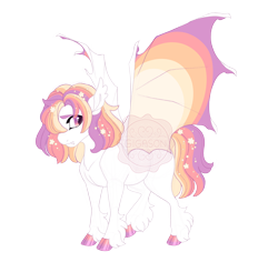 Size: 3600x3400 | Tagged: safe, artist:gigason, oc, oc only, oc:sunset sage, bat pony, pony, bat pony oc, bat wings, closed mouth, cloven hooves, colored hooves, colored wings, ear tufts, fangs, feminine stallion, flower, flower in hair, frown, gradient hooves, high res, hoof polish, magical lesbian spawn, male, multicolored wings, obtrusive watermark, offspring, parent:fluttershy, parent:oc:lavandula, pink eyes, raised hoof, simple background, solo, spread wings, stallion, standing, transparent background, watermark, wings, worried