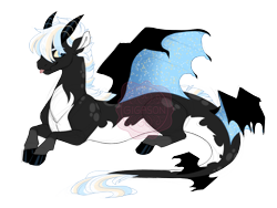 Size: 3600x2700 | Tagged: safe, artist:gigason, oc, oc only, oc:traveler, draconequus, bat wings, blue eyes, closed mouth, coat markings, colored hooves, colored wings, draconequus oc, ear fluff, ethereal wings, gradient wings, high res, hoof polish, lying down, magical threesome spawn, male, multiple parents, multiple wings, obtrusive watermark, offspring, pale belly, parent:apple cobbler, parent:dark moon, parent:discord, partially open wings, prone, simple background, smiling, socks (coat markings), solo, sparkly wings, tongue out, transparent background, watermark, wings