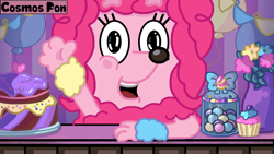 Size: 1920x1080 | Tagged: safe, artist:cosmospon, pinkie pie, dog, poodle, semi-anthro, g4, balloon, bluey, cake, candy, cupcake, dogified, female, food, happy, looking at you, open mouth, open smile, smiling, solo, species swap, style emulation, waving