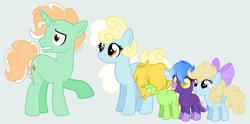 Size: 3765x1870 | Tagged: safe, artist:feather_bloom, oc, oc only, oc:buttercream flow(fb), oc:gingerpop(fb), oc:golden stratus(fb), oc:pastry puff(fb), oc:starfall(fb), earth pony, pegasus, pony, g4, bow, female, filly, foal, gray background, hair bow, high res, male, mare, nervous, simple background, stallion