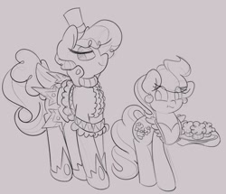 Size: 724x623 | Tagged: safe, artist:umbreow, cup cake, sapphire shores, earth pony, pony, g4, apron, clothes, female, food, mare, monochrome, muffin, sketch, traditional art