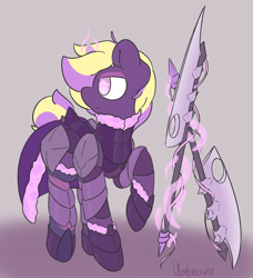 Size: 1280x1404 | Tagged: safe, artist:umbreow, oc, oc:vigilant shroud, earth pony, pony, armor, magic, male, solo, stallion, weapon