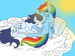 Size: 950x720 | Tagged: safe, artist:dasher666, artist:moonlightprincess002, edit, rainbow dash, soarin', pegasus, pony, g4, cloud, female, male, mare, on a cloud, preggo dash, pregnant, ship:soarindash, shipping, stallion, straight