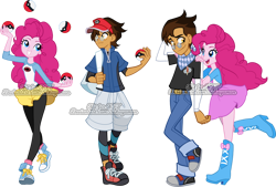 Size: 900x609 | Tagged: safe, artist:sakuyamon, pinkie pie, oc, oc:copper plume, human, equestria girls, g4, canon x oc, clothes, commission, converse, copperpie, cosplay, costume, deviantart watermark, female, male, obtrusive watermark, poké ball, pokémon, shipping, shoes, simple background, skirt, straight, transparent background