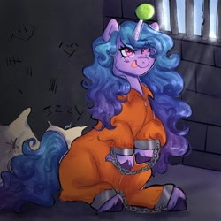 Size: 2048x2048 | Tagged: safe, artist:motchachii, izzy moonbow, pony, unicorn, g5, ball, bars, clothes, colored hooves, commissioner:rainbowdash69, cufflinks, cuffs, happy, high res, horn, hornball, izzy's tennis ball, jail, jail cell, jumpsuit, never doubt rainbowdash69's involvement, pillow, prison, prison outfit, prisoner, prisoner im, shackles, sitting, solo, tally marks, tennis ball, unshorn fetlocks