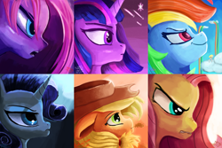 Size: 2250x1500 | Tagged: safe, artist:tazool, applejack, derpy hooves, fluttershy, pinkie pie, rainbow dash, rarity, twilight sparkle, earth pony, pegasus, pony, unicorn, g4, angry, bust, cloud, collection, female, frown, gritted teeth, hat, intense, looking up, mane six, mare, night, nose wrinkle, open mouth, painting, pinkamena diane pie, portrait, rainbow, scrunchy face, shooting star, sky, smiling, stars, straw in mouth, teeth, unamused