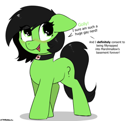 Size: 1470x1407 | Tagged: safe, artist:marshmallowfluff, oc, oc only, oc:censy, oc:filly anon, earth pony, pony, collar, female, filly, foal, implied kidnapping, implied lesbian, open mouth, shitposting, simple background, solo, text, white background