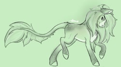 Size: 2086x1153 | Tagged: safe, artist:trashpanda czar, oc, oc:ethyl zaba, hybrid, pony, concave belly, green background, long mane, prehensile tail, simple background, solo, tail