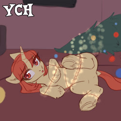 Size: 3000x3000 | Tagged: safe, artist:nika-rain, oc, oc only, pony, any gender, any race, belly, christmas, christmas decoration, christmas lights, christmas tree, commission, concave belly, cute, dock, featureless crotch, female, high res, holiday, hoof fluff, horn, open mouth, sketch, slender, solo, tail, tangled up, thin, tree, underhoof, unshorn fetlocks, ych sketch, your character here